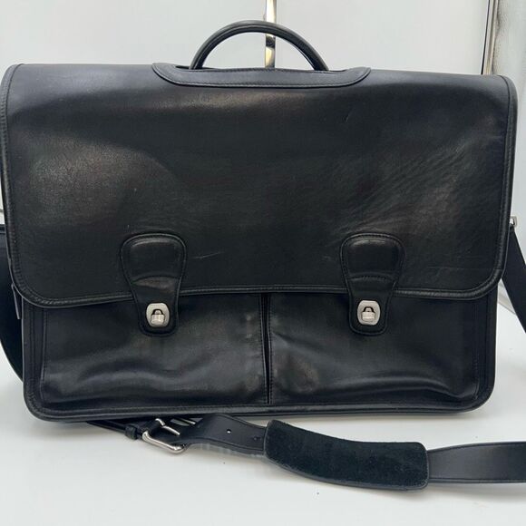 COACH PRESCOTT 90s Vintage BLACK LEATHER LAPTOP BRIEFCASE MESSENGER BAG   WITH C - Picture 1 of 16
